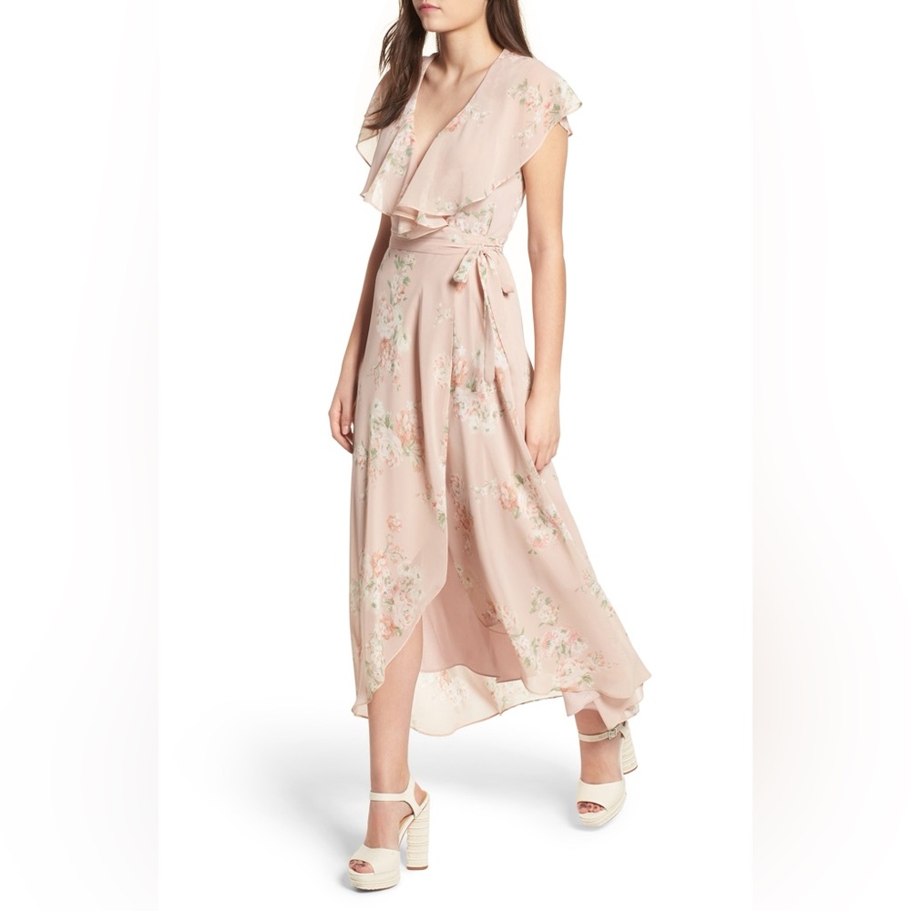 Wayf Blush Floral Ruffle Wrap Maxi Dress